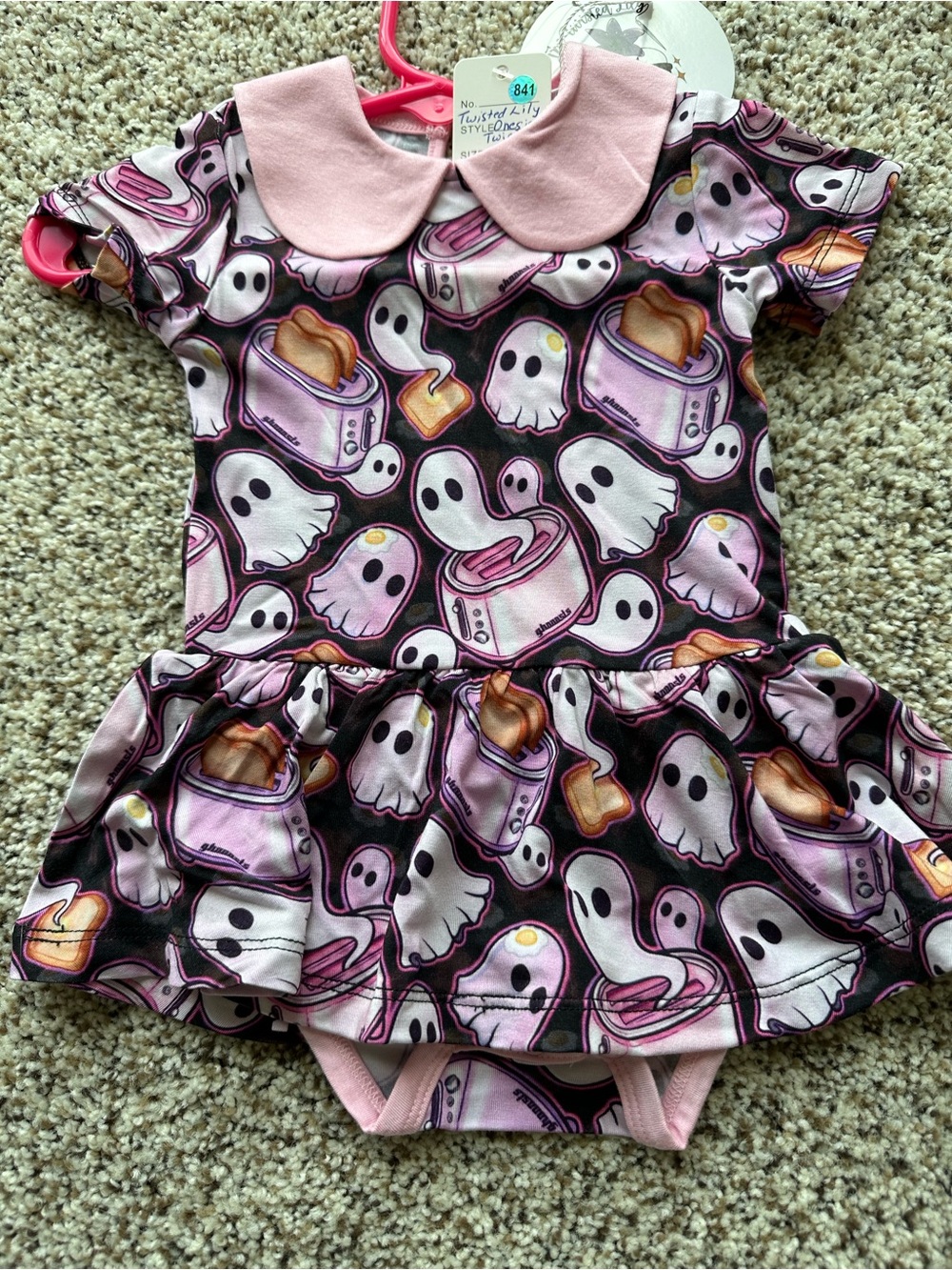 Pink Ghost & Toaster Print Baby One-Piece Bamboo Dress